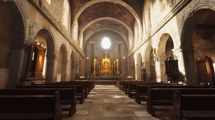 Fototapeta premium Sunlit interior of an old church