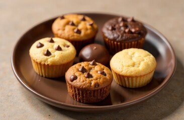 assorted muffins with chocolate chips on brown plate, showcasing variety of flavors. concept of homemade baking. dessert menu, cafe posters, food blog.