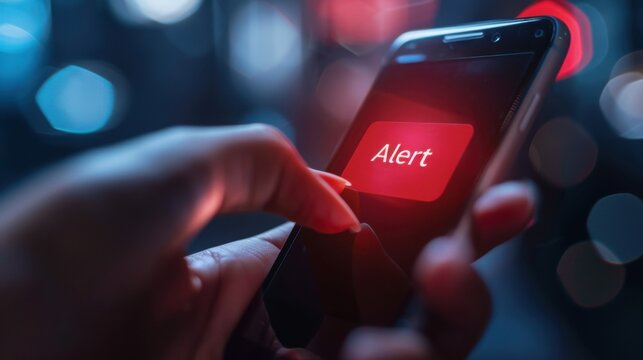 Close-up of a hand pressing a red "Alert" button on a smartphone, symbolizing the immediate action to take when fraud is detected. -