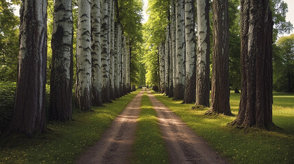 Majestic forest pathway with tall trees and soft sunlight filtering through