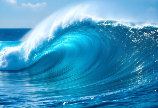 Powerful ocean wave with white foam crest against blue sky. Giant turquoise surf barrel in tropical waters. Natural force of sea water. Extreme watersport and surfing background