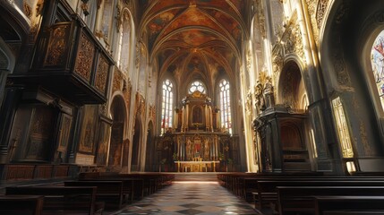 Fototapeta premium Grand church interior, sunlight streams in