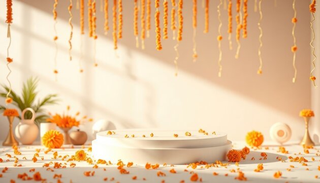 Minimalist Indian festive interior scene white, cream podium. Orange flowers, petals decorate room, hang from ceiling. Calm atmosphere created with soft lighting, simple decorations. Scene appears