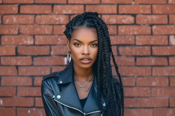 Naklejka premium Urban portrait of young African American woman with dreadlocks smiling. Casual fashion style. Beauty, and diversity concept. Black History Month, Women's Day