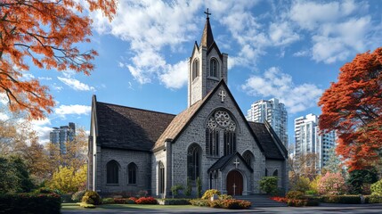 Fototapeta premium Stone church in autumn setting