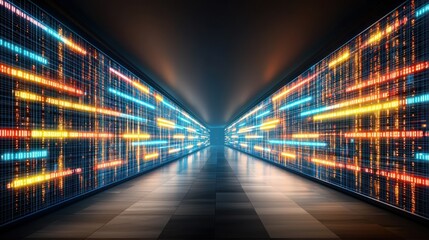 Futuristic data center corridor with glowing digital code walls.