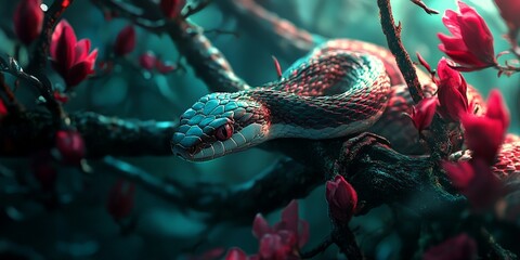 Vibrant Green Snake with Red Face in Dark Jungle Setting