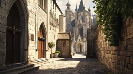 Cobblestone alley leading to grand cathedral