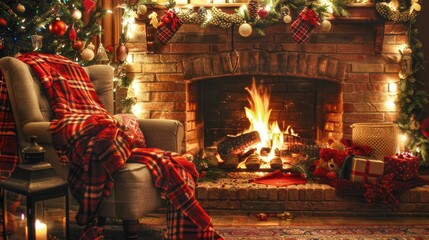 Warm flames glowing in a traditional fireplace, adding charm to a cozy room.
