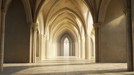Fototapeta premium Sunlit stone hallway, arches, columns