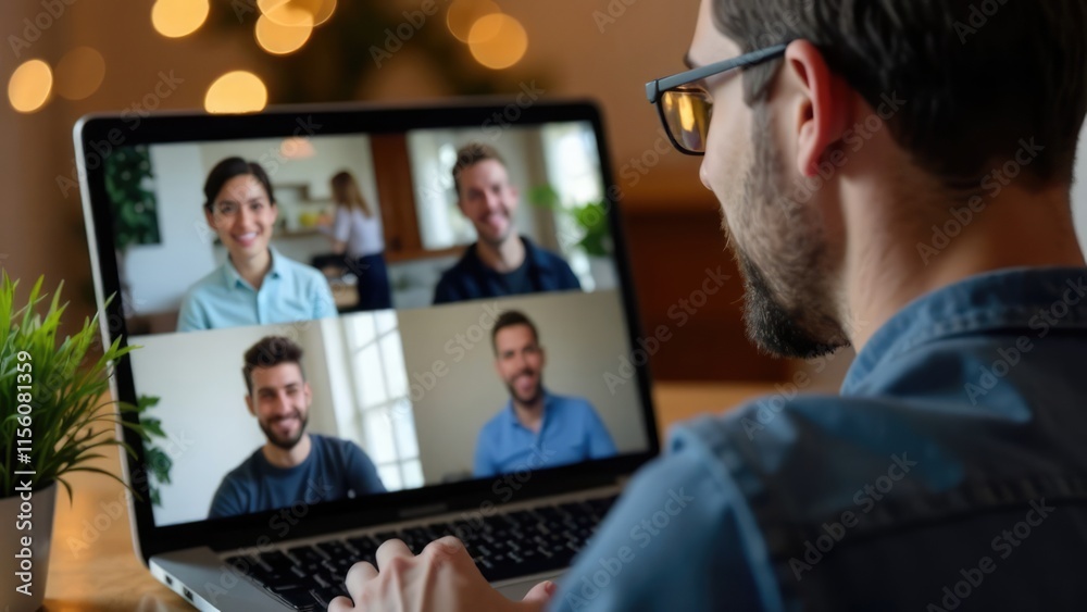 Wall mural A man is participating in a video call on his laptop with four other people visible on screen.
Concept of: Virtual communication.