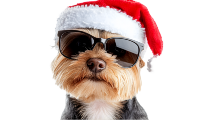 Cool Yorkshire Terrier Dog in Santa Hat   Sunglasses  Christmas Pet