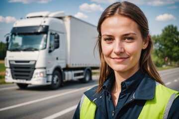 Close portrait of a smiling young Polish female truckdriver looking at the camera, against Polish blurred background.