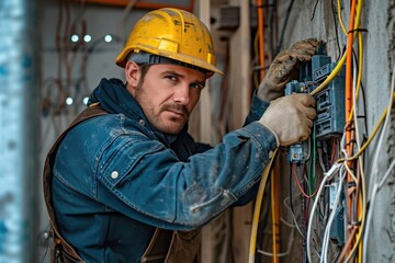 Blue-Collar Electrician: Men at Work Fixing Power Installation at Building Construction Site