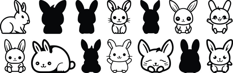 Rabbit silhouettes set, animal pack of vector silhouette design, isolated background