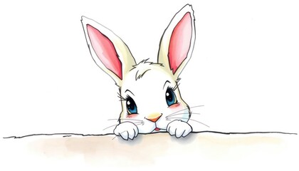 Obraz premium Adorable Bunny Illustration Peeking Over a White Table on a White Background