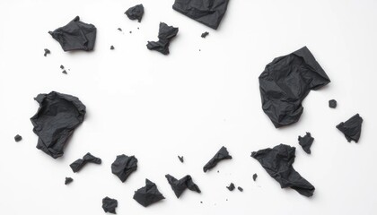 Scattered Pieces of Crumpled Black Paper on a White Background
