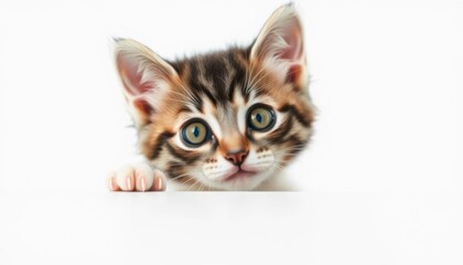 Adorable Kitten Peeking Over a White Background