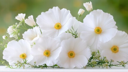 Obraz premium Elegant white cosmos flowers with delicate greenery and soft focus background
