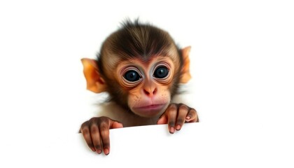 Obraz premium Adorable Monkey Peeking Around a Corner and Staring with Curious Eyes on a White Background