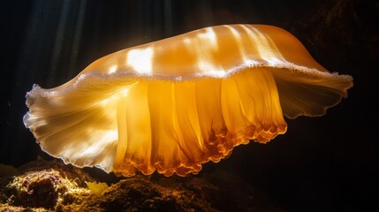 Captivating Underwater Scene Featuring a Graceful Jellyfish Illuminated by Sunlight Creating a Stunning Visual Display in the Deep Blue Ocean