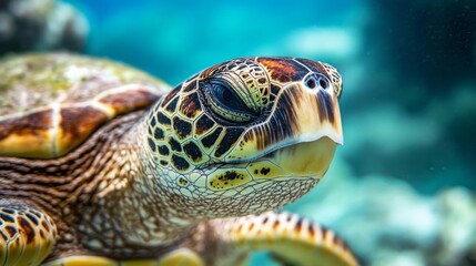 Obraz premium Close-Up of a Majestic Sea Turtle Swimming Gracefully Under Clear Ocean Waters, Showcasing Beautiful Patterns and Textures on Its Shell and Face