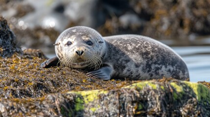 Cute gray seal resting on a rock surrounded by seaweed with calm water in the background, showcasing the beauty of marine wildlife and coastal ecosystems.
