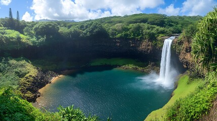 Fototapeta premium Lush Tropical Waterfall Cascading into Emerald Pool