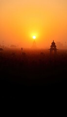 Golden hour sun silhouettes large crowd gathered at Kumbh Mela. Silhouettes of people, structures visible against golden light. Large gathering creates sense of community, togetherness. Religious