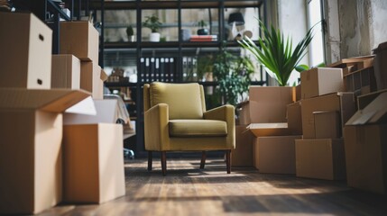 Corporate Relocation: Packed Armchair and Furniture Moving Boxes in New Office Space