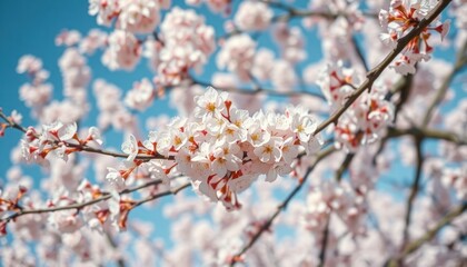Sakura tree branch blossoms in spring with clusters of delicate pink, white flowers. Beautiful blossoms are on tree branch against clear blue sky. Spring nature scene. Japanese cherry blossom scenery.