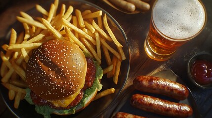 Burger, Fries, and Beer: A mouthwatering overhead shot of a juicy cheeseburger, crispy french fries, and a refreshing pint of beer.