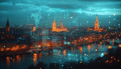 Backpacking through Europe with augmented reality travel guides, glowing digital maps floating around, sleek cityscape background, sharp futuristic style