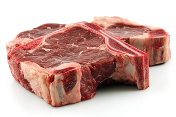 Beef steaks on white background: raw meat cuts with marbling, ready for cooking, displayed fresh and appetizing, illustrating high-quality ingredients.