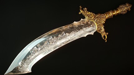 Crystal Scimitar: A fantasy-style etched crystal scimitar with a golden hilt, isolated on a black background.