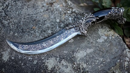 Ornate Dagger on Stone: A close-up of a beautifully crafted, ornate dagger with a silver blade and a black handle lies on a rough stone.
