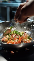 Chef's Touch: A close-up shot of a chef's hand expertly tossing shrimp and vegetables in a hot pan, capturing the essence of culinary artistry and the allure of gourmet cuisine. 