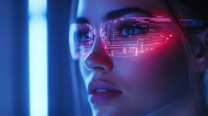 Customer service interaction via holographic display, futuristic tech interface, sleek metallic office, neon lighting, high-tech ambiance, professional and digital