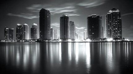 Fototapeta premium Stunning Black and White Night Cityscape of Skyscrapers with Reflections in Water, Illuminated Urban Skyline Under Dramatic Cloudy Sky