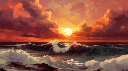 Stunning sunset over ocean waves with dramatic clouds illuminated by warm colors, creating a breathtaking natural seascape scene for inspiration and creativity.