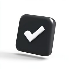 3D illustration of a glossy black checkmark icon on a square button, symbolizing approval and completion.
