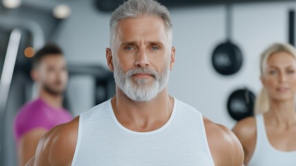 Mature fit man in gym with modern fitness equipment and diverse workout partners
