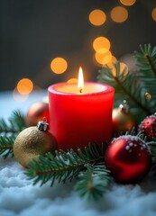 A glowing red candle surrounded by Christmas ornaments, pine branches, and snow.