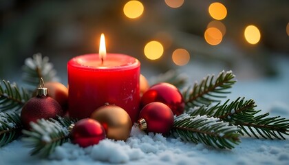 A glowing red candle surrounded by Christmas ornaments, pine branches, and snow.