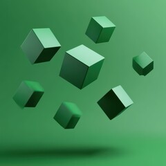 Fototapeta premium Floating green cubes create a dynamic and modern visual on a vibrant green background.