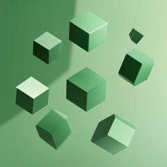 Obraz premium A collection of green geometric shapes, including cubes and rectangular prisms, floating against a subtle gradient backdrop.