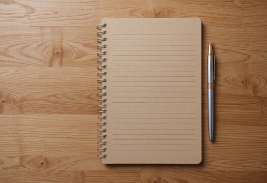 A minimalistic spiral notebook and pen on a wooden desk, perfect for jotting down thoughts or ideas. - Powered by Adobe