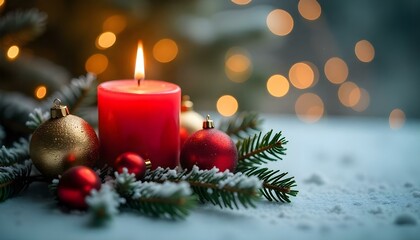 A glowing red candle surrounded by Christmas ornaments, pine branches, and snow.