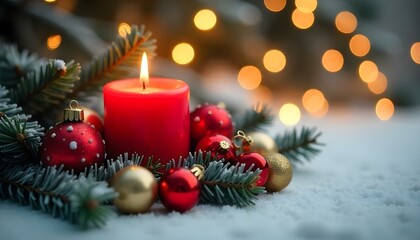 A glowing red candle surrounded by Christmas ornaments, pine branches, and snow.
