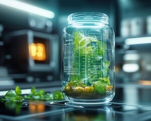 Smoothie in a glass jar with holographic nutritional breakdown floating above, sleek modern kitchen setup, bright lighting, futuristic and clean